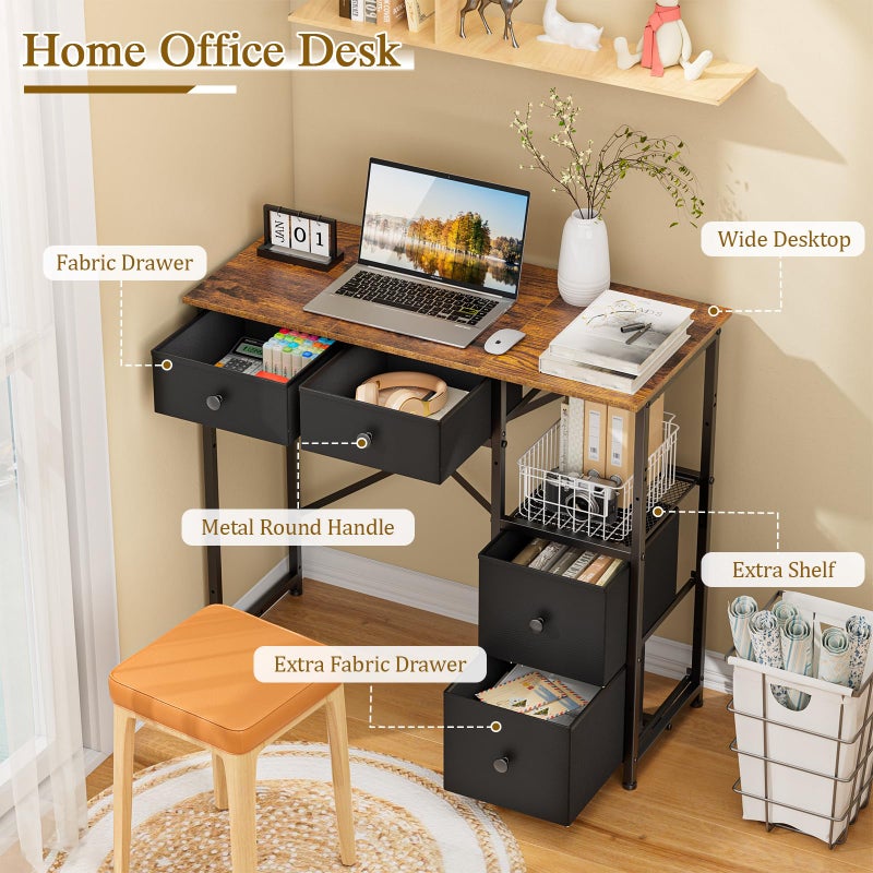 3IngSeagulls Small Computer Desk with 4 Fabric Drawers, Simple Writing Desk for Home Office, Compact Study Desks for Small Spaces, Kids Desk Study for Bedroom, Rustic Brown - Image 3