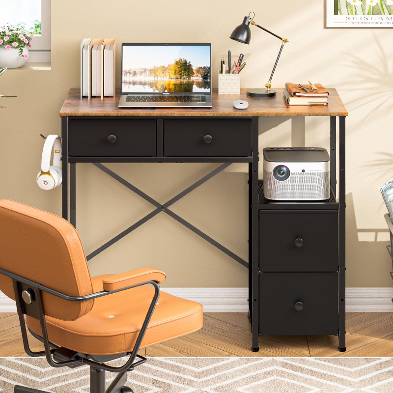 3IngSeagulls Small Computer Desk with 4 Fabric Drawers, Simple Writing Desk for Home Office, Compact Study Desks for Small Spaces, Kids Desk Study for Bedroom, Rustic Brown - Image 1