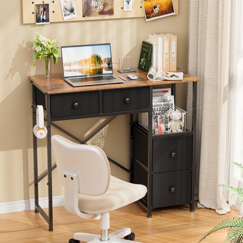 3IngSeagulls Small Computer Desk with 4 Fabric Drawers, Simple Writing Desk for Home Office, Compact Study Desks for Small Spaces, Kids Desk Study for Bedroom, Rustic Brown - Image 5