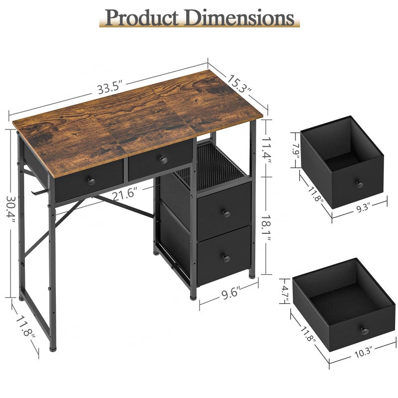 3IngSeagulls Small Computer Desk with 4 Fabric Drawers, Simple Writing Desk for Home Office, Compact Study Desks for Small Spaces, Kids Desk Study for Bedroom, Rustic Brown - Image 2