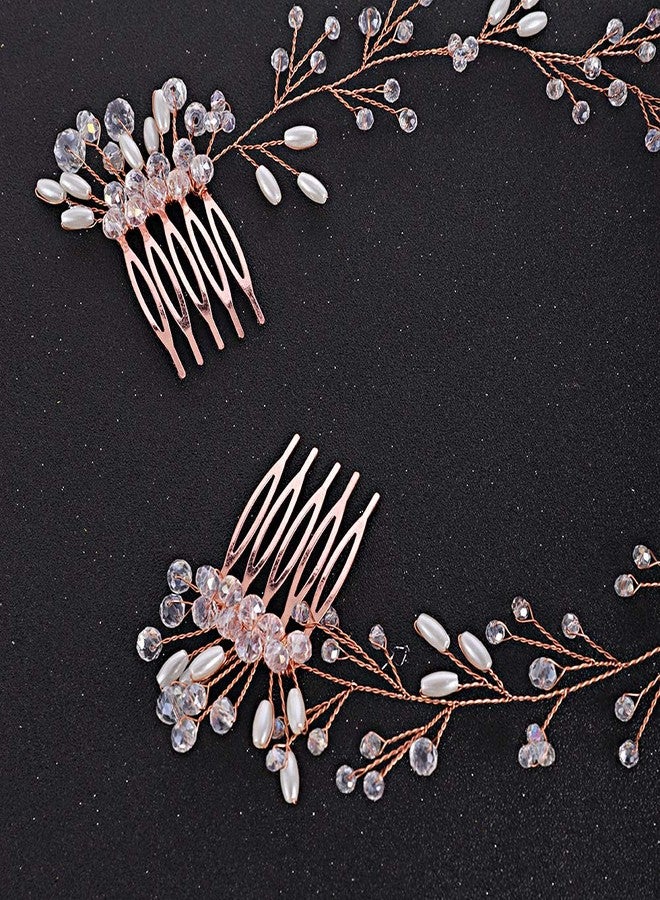 أف إكسميمور طقم زينة شعر كريستالية وأقراط من Fxmimior Bride، طوق رأس ومشط شعر للزفاف - قطعة شعر لحفلات السهرة باللون الذهبي الوردي - Image 4