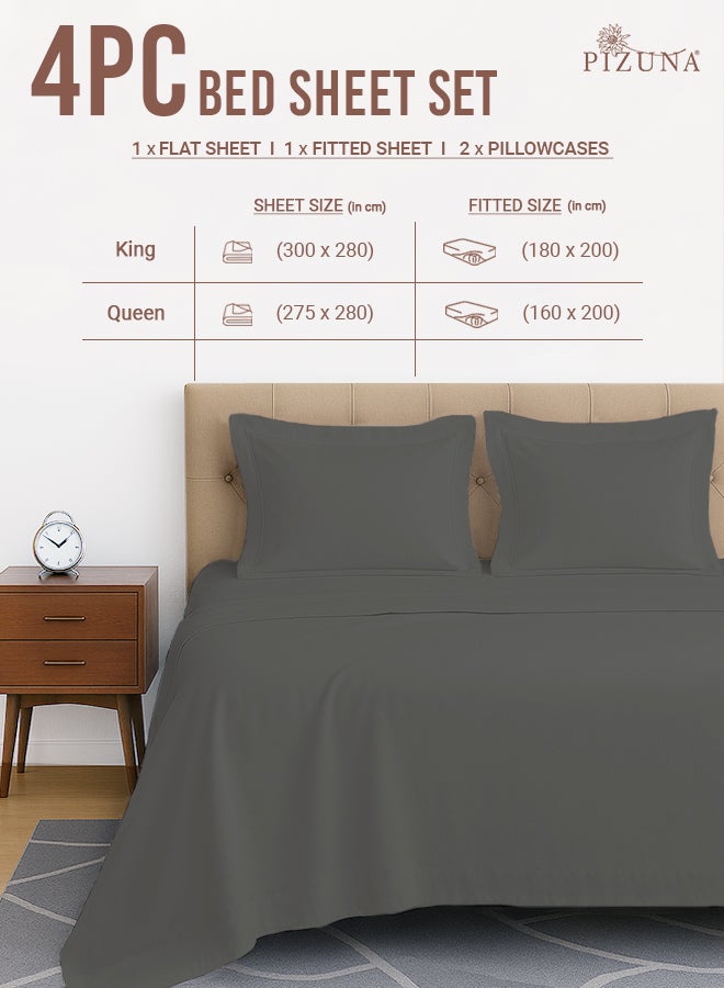 PIZUNA Pure Combed Cotton Bed Sheet Set Queen Size Dark Grey, 400 Thread Count Cozy Luxury 100% Long Staple Cotton Sateen Weave Bedsheets Set (1 Flat Sheet, 1 Fitted Sheet, 2 Pillowcases) - Image 3