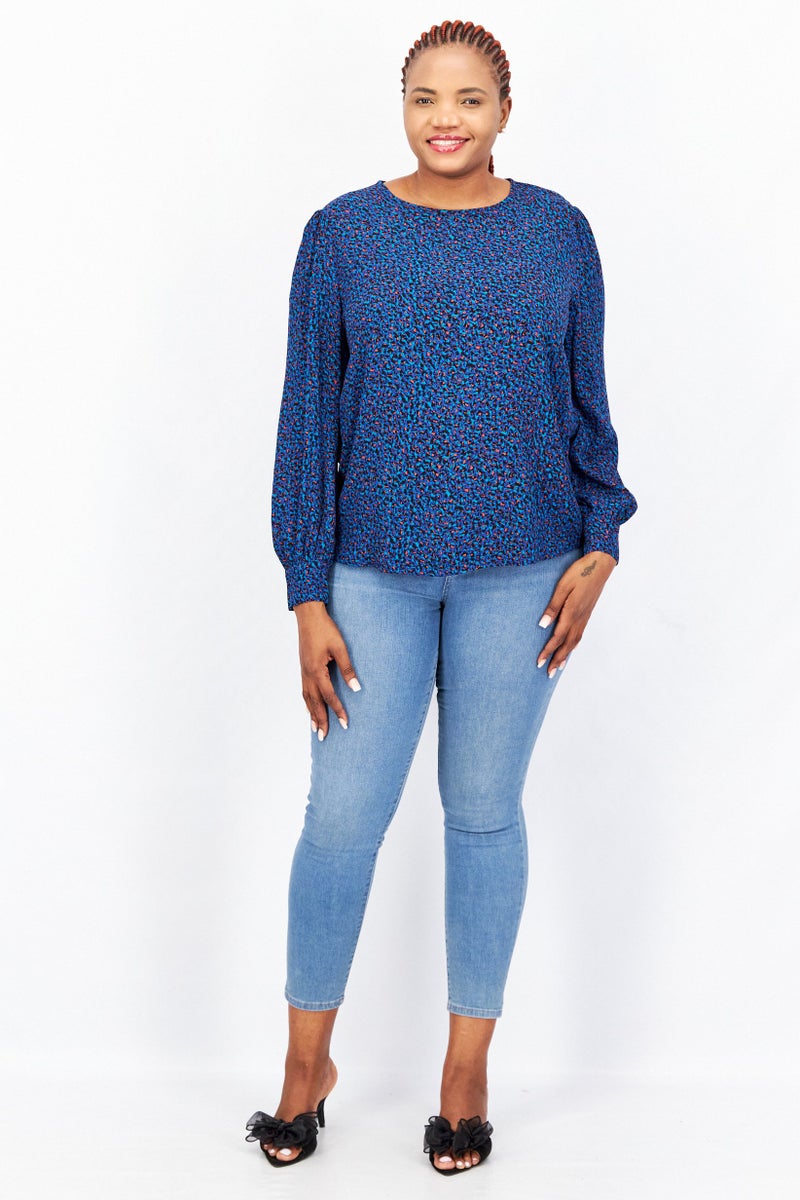ESPRIT Women Round Neck Long Sleeve Allover Print Top, Blue Combo - Image 3
