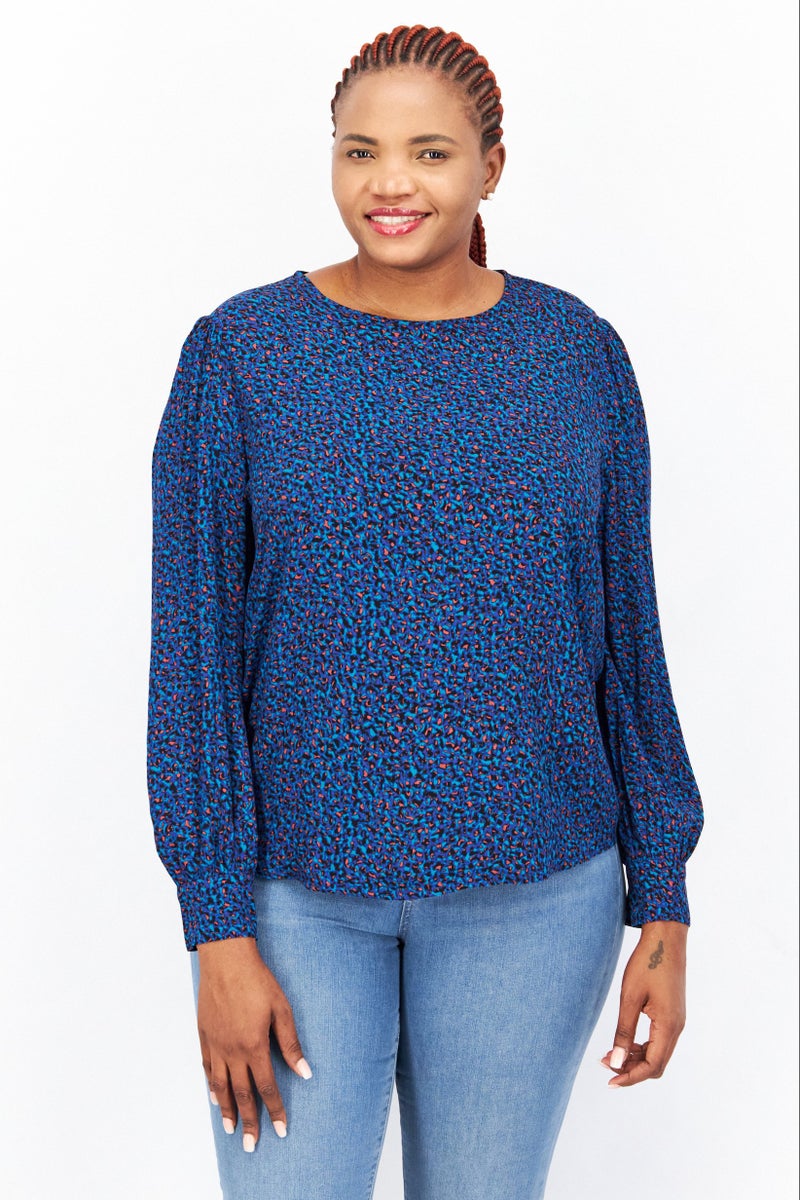 ESPRIT Women Round Neck Long Sleeve Allover Print Top, Blue Combo - Image 1