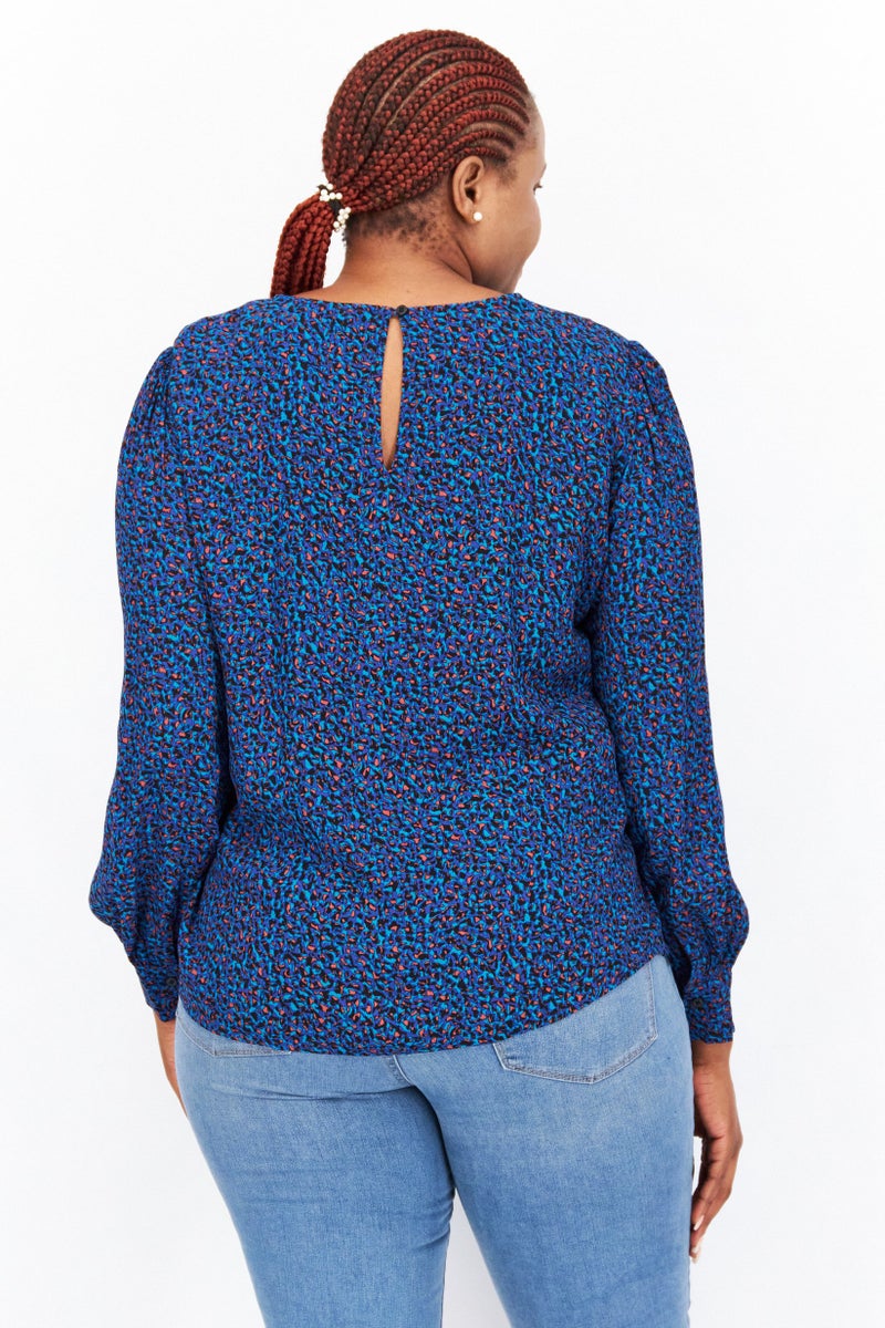 ESPRIT Women Round Neck Long Sleeve Allover Print Top, Blue Combo - Image 4