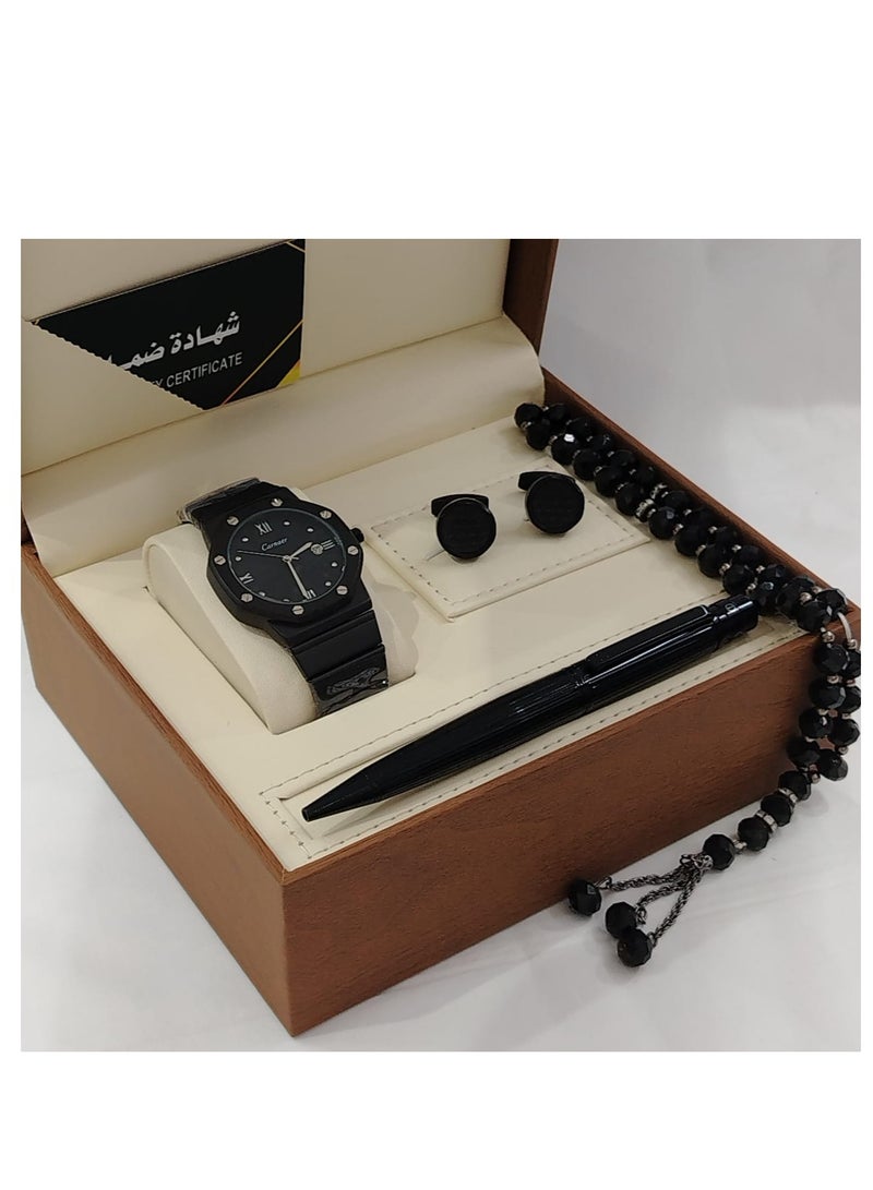 Generic 4-Piece Watch Gift Set for Men (Wristwatch with Pen, Set of Buttons and Rosary) 
