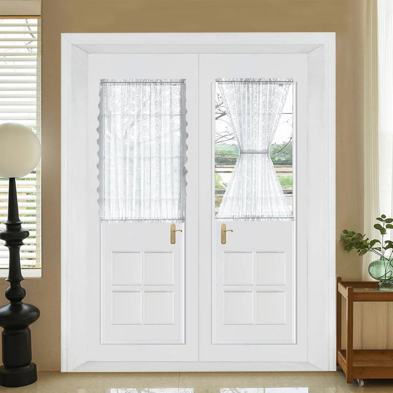 TUDECO Lace Front Door Curtains for Glass Window 2 Panels 40 inches Long - Vintage Floral White Small Curtain for Back Door, Light Filtering Privacy Small Half Window Curtains with 2 Tieback W52 x L40 - Image 1