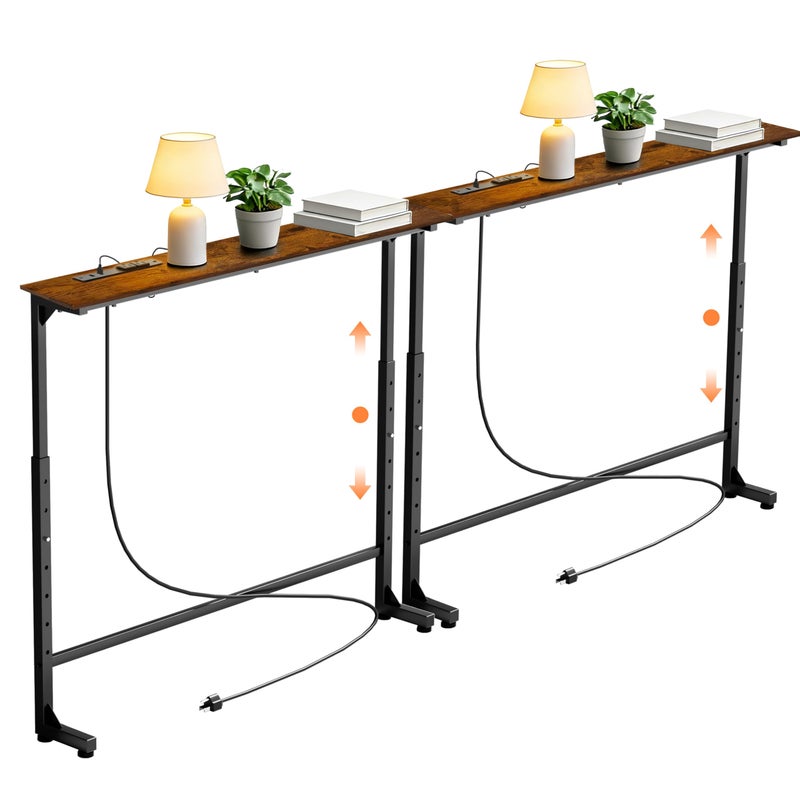 GRLEAF 2 Pack Adjustable Height Narrow Console Table with Power Outlets, 70" Long Sofa Table with Charging Station Behind Couch Table Entryway Table for Living Room and Hallway â€“ Rustic Brown - Image 1