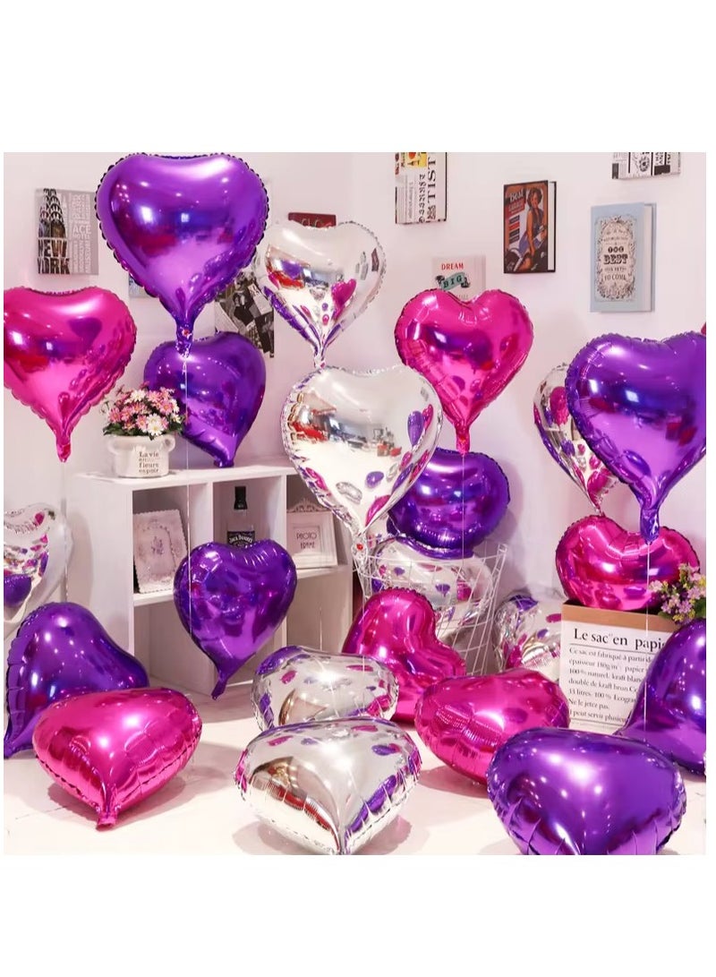 18PCS Heart Shape Aluminum Foil Balloons 18inch Silver Purple and Rose Red for Wedding and Valentine's Day Party - Image 1
