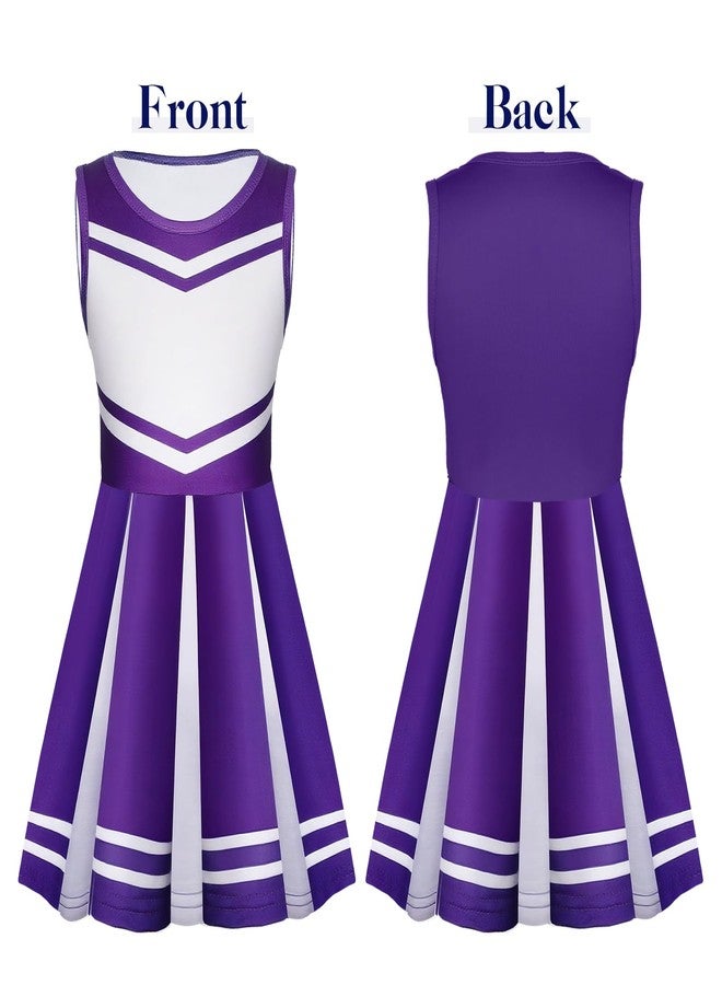 Sureio 4 Pcs Girls Cheerleader Costume Outfit Cheer Uniform Fancy Dress for Kids Halloween Birthday Cosplay Party Gifts(Purple,9-10 Years) - Image 2
