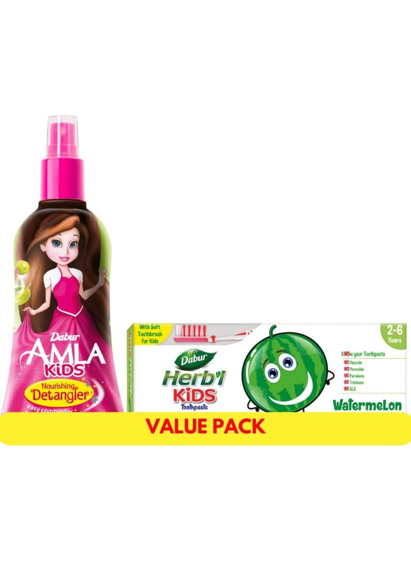 Dabur Amla Nourishing Kids Detangler 200ml + Herbal Plus Kids Watermelon Cavity Protection Toothpaste 50g + Soft Toothbrush | Value Pack - Image 1