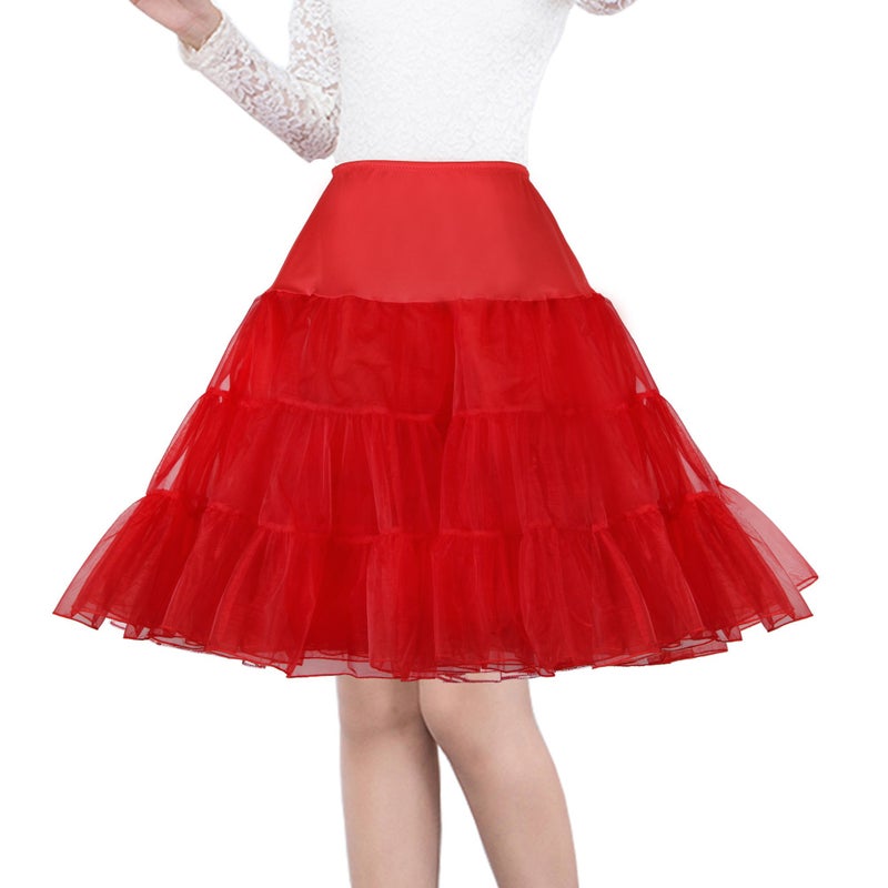Shimaly Women's 50s Vintage Petticoat 26" Crinoline Rockabilly Tutu Skirt (M-L,Red) - Image 3