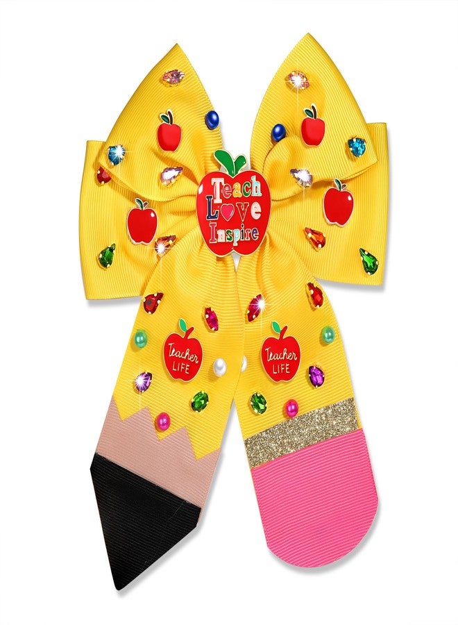 Boderier Teacher Gifts Hair Bows for Women Beaded Apple Pencil Teach Hair Bow Clips Large Jeweled Satin Ribbon Bow Barrette Hair Clip Back To School Teacher Must Haves Accessories Apple Pencil