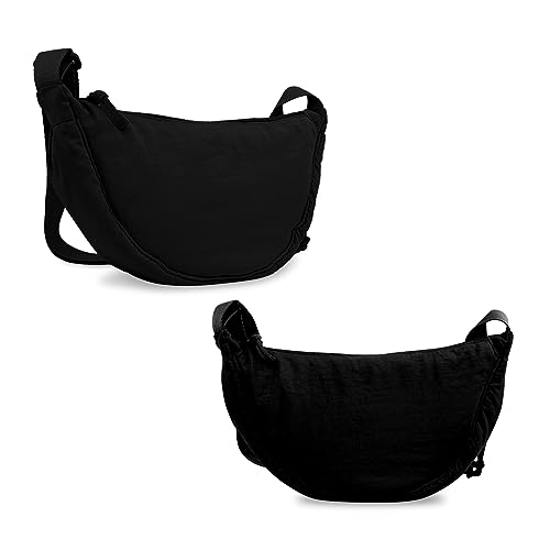 EVGLOW 2 Pcs Nylon Crescent Crossbody Bag for Women Purses Trendy Men,Small Travel Sling Bag Hobo,Lightweight Fanny Pack with Zipper Adjustable Strap,Round Shoulder Pouch Bag for Everyday Use(2 Black) - Image 1