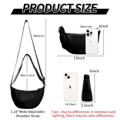 EVGLOW 2 Pcs Nylon Crescent Crossbody Bag for Women Purses Trendy Men,Small Travel Sling Bag Hobo,Lightweight Fanny Pack with Zipper Adjustable Strap,Round Shoulder Pouch Bag for Everyday Use(2 Black) - Image 2