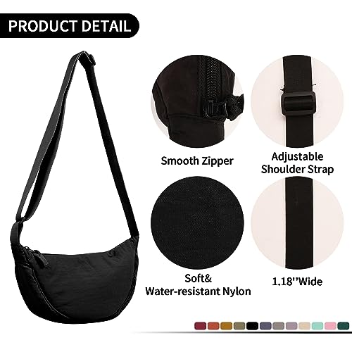 EVGLOW 2 Pcs Nylon Crescent Crossbody Bag for Women Purses Trendy Men,Small Travel Sling Bag Hobo,Lightweight Fanny Pack with Zipper Adjustable Strap,Round Shoulder Pouch Bag for Everyday Use(2 Black) - Image 3