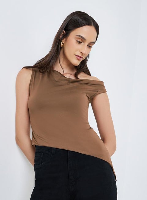 One Shoulder Asymmetric Hem Knit Top