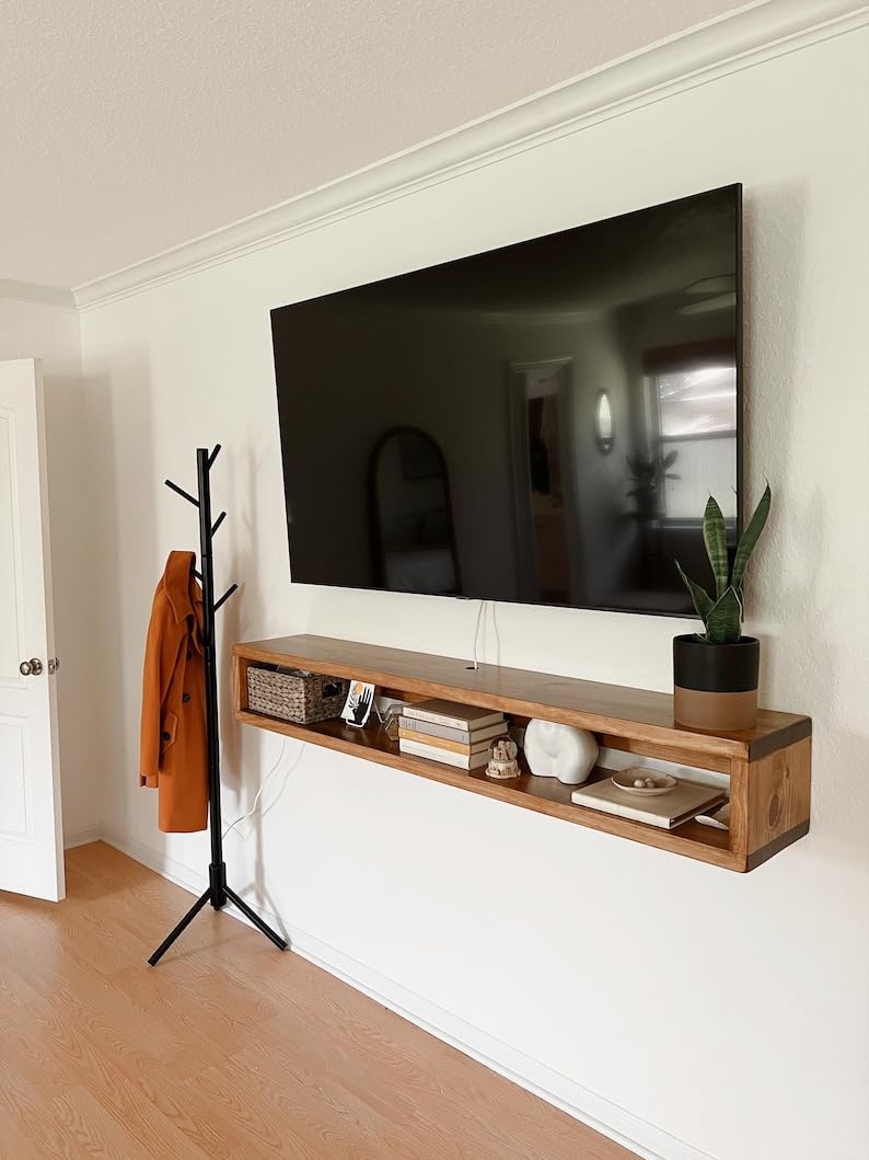 carpentray Wooden Wall Mounted TV Unit with Wire Hole TV Cabinetl TV Cabinet for Wall TV Stand Unit for Living Room Set Top Box Stand TV Cabinet Medium 90CM - Image 4