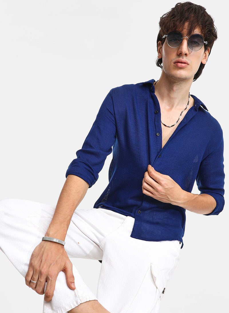 Campus Sutra Men's Indigo Blue Solid Woven Shirt  - Image 1
