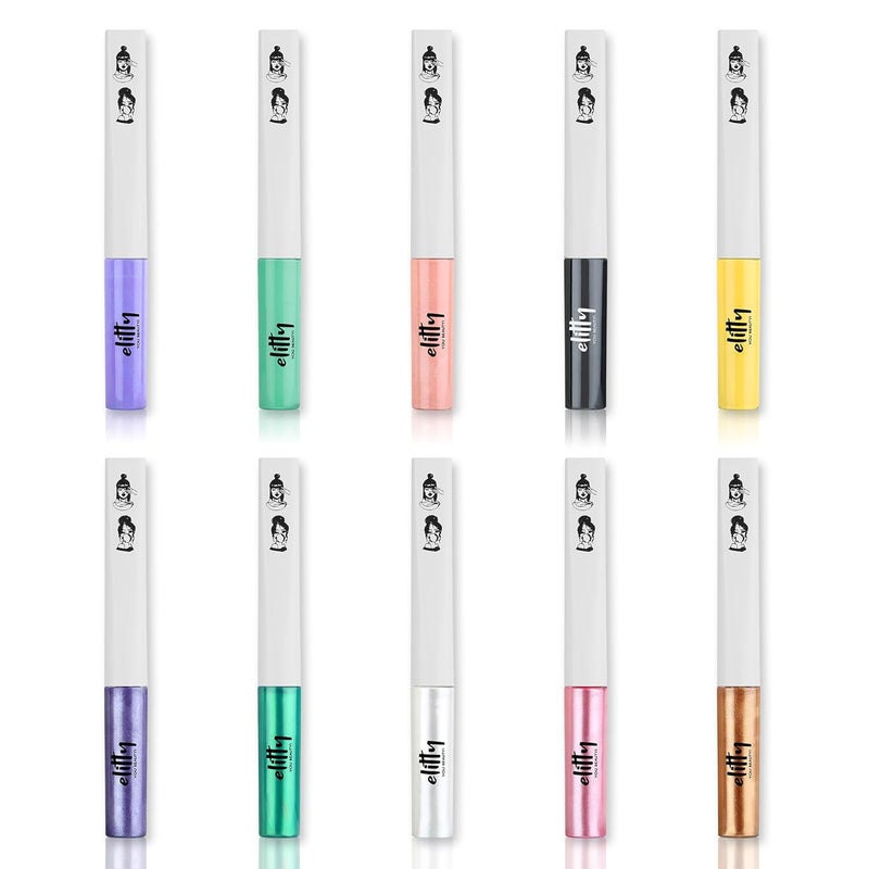 Elitty 1010 Pop Colour Waterproof Liquid Eyeliner Combo Pack of 10  Matte Shades Purple Peach Cyan Green Yellow Black  Metallic Shades Purple Green Pink Silver Rust  Lasts Upto 12 Hrs  4 ML Each - Image 1
