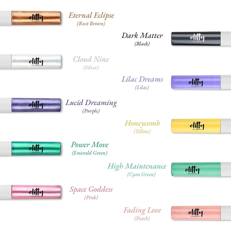 Elitty 1010 Pop Colour Waterproof Liquid Eyeliner Combo Pack of 10  Matte Shades Purple Peach Cyan Green Yellow Black  Metallic Shades Purple Green Pink Silver Rust  Lasts Upto 12 Hrs  4 ML Each - Image 2