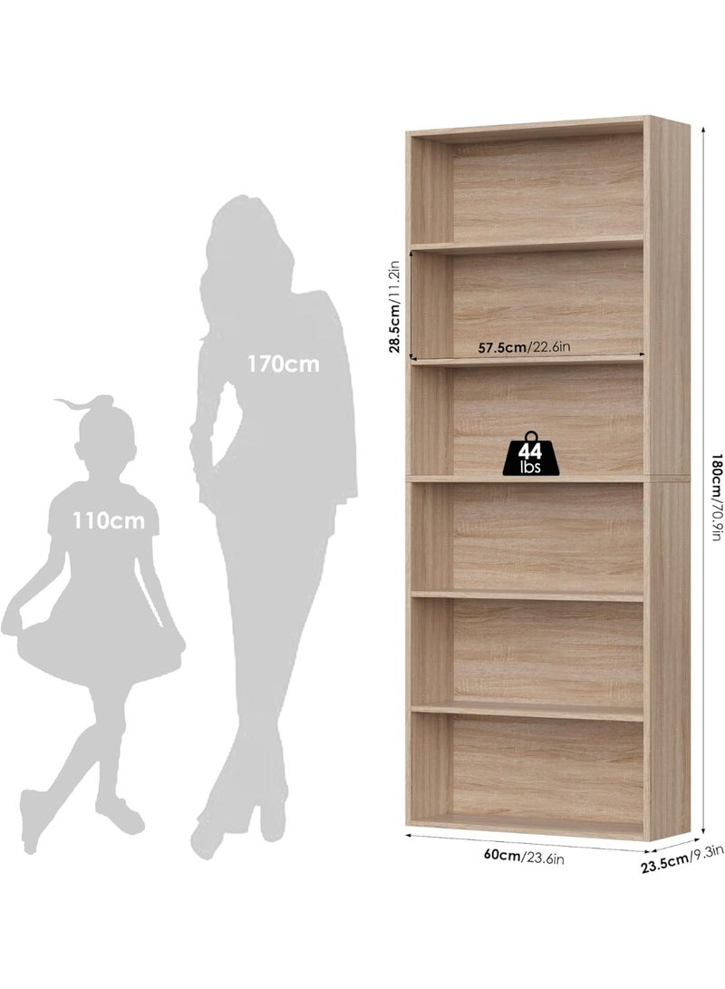 6-Tier Wooden Bookcase Shelf, 6 Compartment Storage Rack for Living Room, Study, Office, Toys, Magazines, Bookshelf Organizer with Modern Scandinavian Design, Durable Floor Standing Display Shelf 180 x 60 x 23.5 cm - Image 2