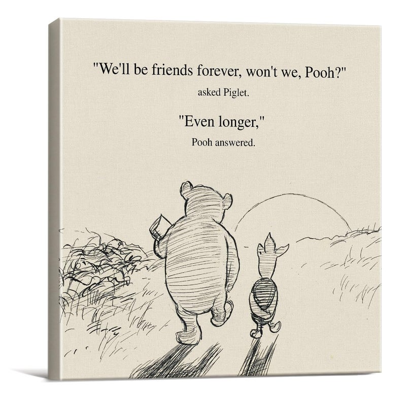 Dolimifa Classic Winnie the Pooh Friendship Quote Wall Art Decor Retro We'll Be Friends Forever Sayings Canvas Painting Pictures Framed Print Sign Artwork Ready to Hang (8x8 Inches) - Image 1