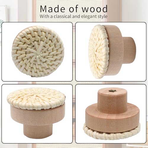 Seimneire 6 Pcs White Boho Rattan Dresser Knobs, Wooden Drawer Knobs Decorative Cabinet Knobs, Cupboard Handles Wood Drawer Pulls for Kitchen Bathroom Furniture Closet - Image 3
