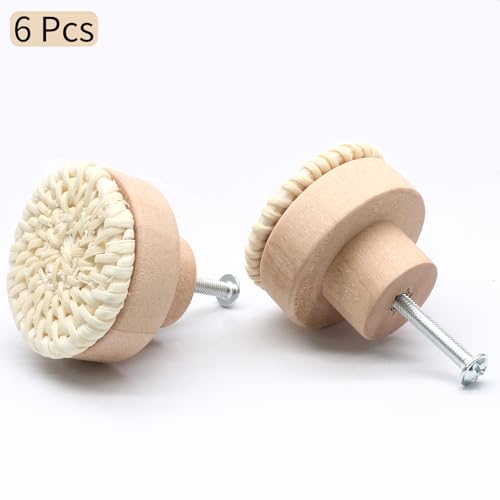 Seimneire 6 Pcs White Boho Rattan Dresser Knobs, Wooden Drawer Knobs Decorative Cabinet Knobs, Cupboard Handles Wood Drawer Pulls for Kitchen Bathroom Furniture Closet - Image 2