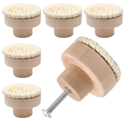 Seimneire 6 Pcs White Boho Rattan Dresser Knobs, Wooden Drawer Knobs Decorative Cabinet Knobs, Cupboard Handles Wood Drawer Pulls for Kitchen Bathroom Furniture Closet - Image 1