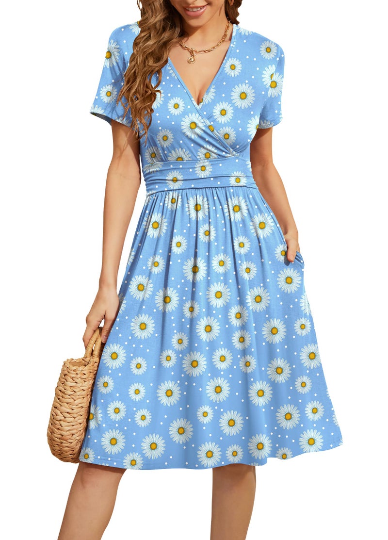 WEACZZY Women Dress Summer Casual Short Sleeve Crew Neck Midi Dresses with Pockets 2025 Beach Vacation,Floral Daisy Blue,M - Image 1