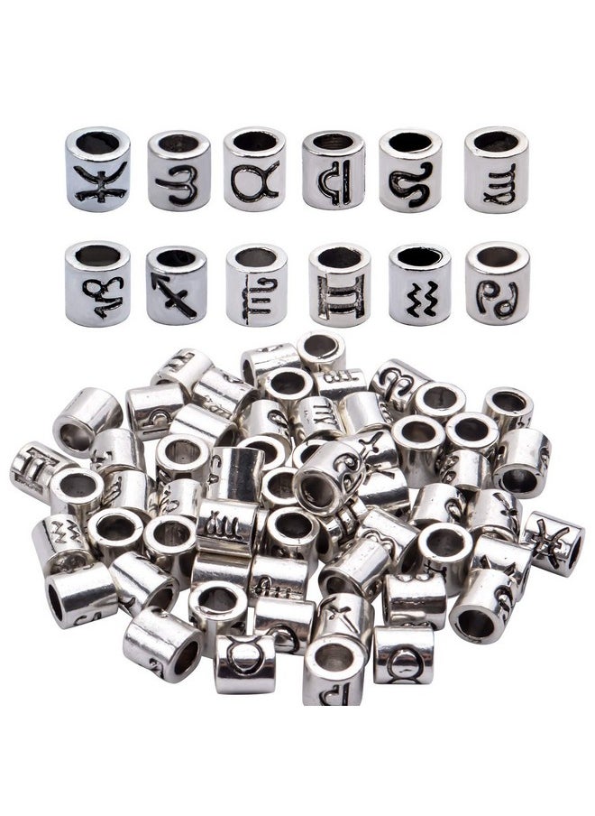 BronaGrand 60Pcs Antique Silver Zodiac Spacer Beads Alloy 12 Constellations Tube Beads With Large Hole For Necklace Bracelet 4Mm Hole  - Image 1