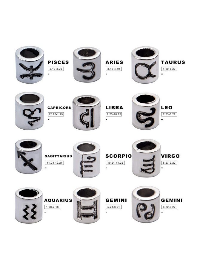 BronaGrand 60Pcs Antique Silver Zodiac Spacer Beads Alloy 12 Constellations Tube Beads With Large Hole For Necklace Bracelet 4Mm Hole  - Image 2