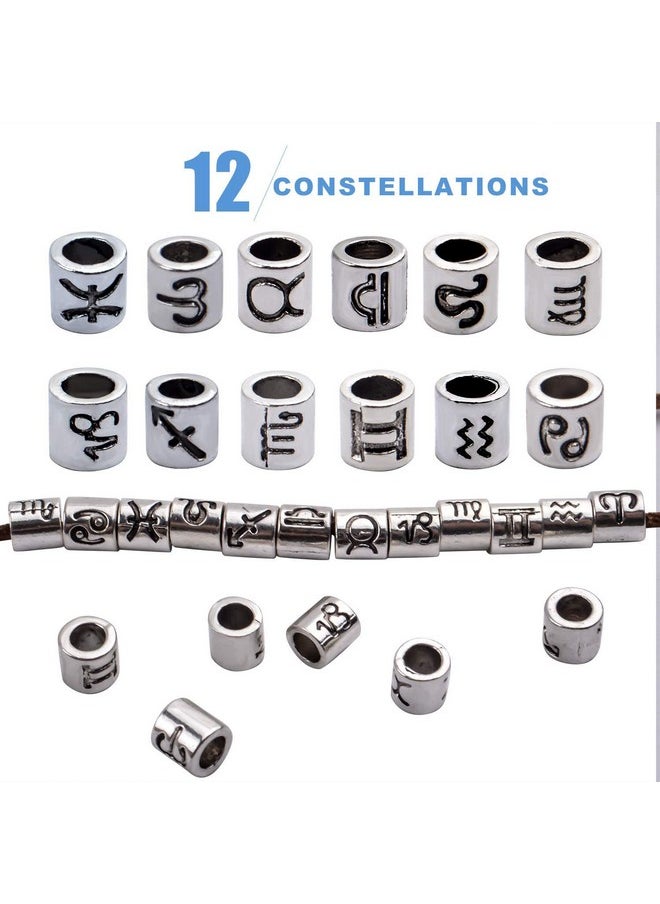BronaGrand 60Pcs Antique Silver Zodiac Spacer Beads Alloy 12 Constellations Tube Beads With Large Hole For Necklace Bracelet 4Mm Hole  - Image 3