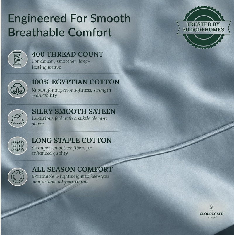 كلاود سكيب لينين مجموعة شراشف Cloud Scape Linen من القطن المصري 100% مقاس فول، عدد الخيوط 400، مجموعة شراشف سرير قطنية ناعمة ومتينة ومسامية، جيب عميق يصل إلى 16 بوصة، أزرق فرنسي - Image 3
