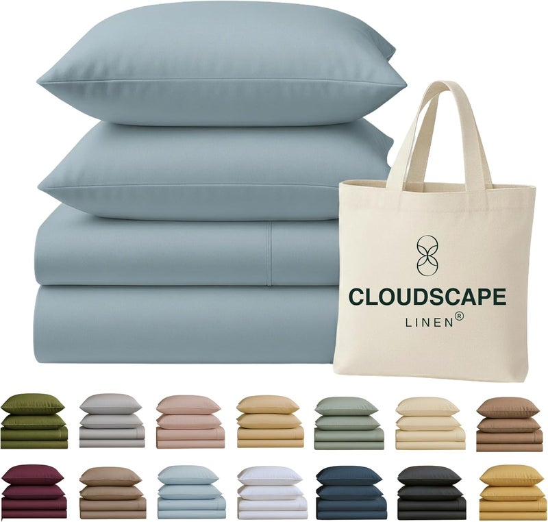 كلاود سكيب لينين مجموعة شراشف Cloud Scape Linen من القطن المصري 100% مقاس فول، عدد الخيوط 400، مجموعة شراشف سرير قطنية ناعمة ومتينة ومسامية، جيب عميق يصل إلى 16 بوصة، أزرق فرنسي - Image 1