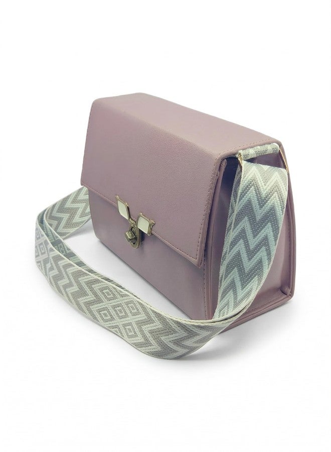 KRIFTY Sling Bag For Women's/Girls With Patterned Crossbody Strap, Foldover Flap, Silver-Tone Turn-Lock Closure (Light Purple) - Image 2