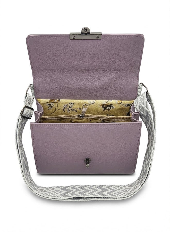 KRIFTY Sling Bag For Women's/Girls With Patterned Crossbody Strap, Foldover Flap, Silver-Tone Turn-Lock Closure (Light Purple) - Image 4