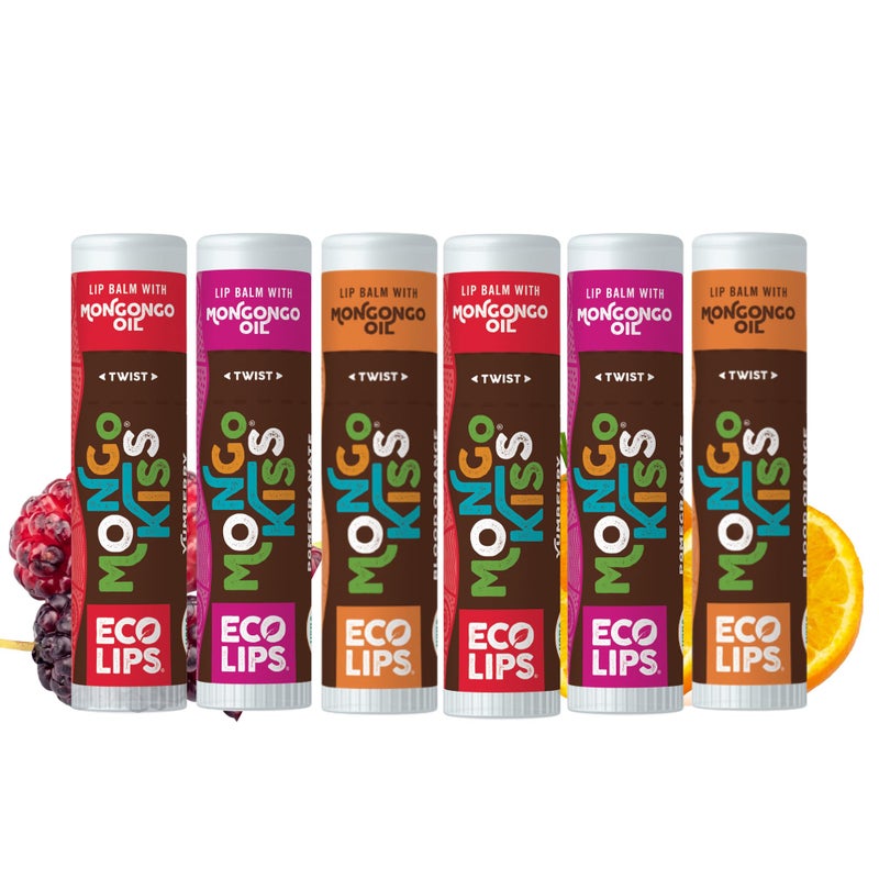 Eco Lips Mongo Kiss Organic Lip Balm 6-Pack by Eco Lips 100% Organic Beeswax & Cocoa Butter Lip Care with Mongongo Oil - Soothe & Moisturize Dry & Cracked Lips - Made in USA. (Pomegranate, Yumberry, Blood Oran - Image 1