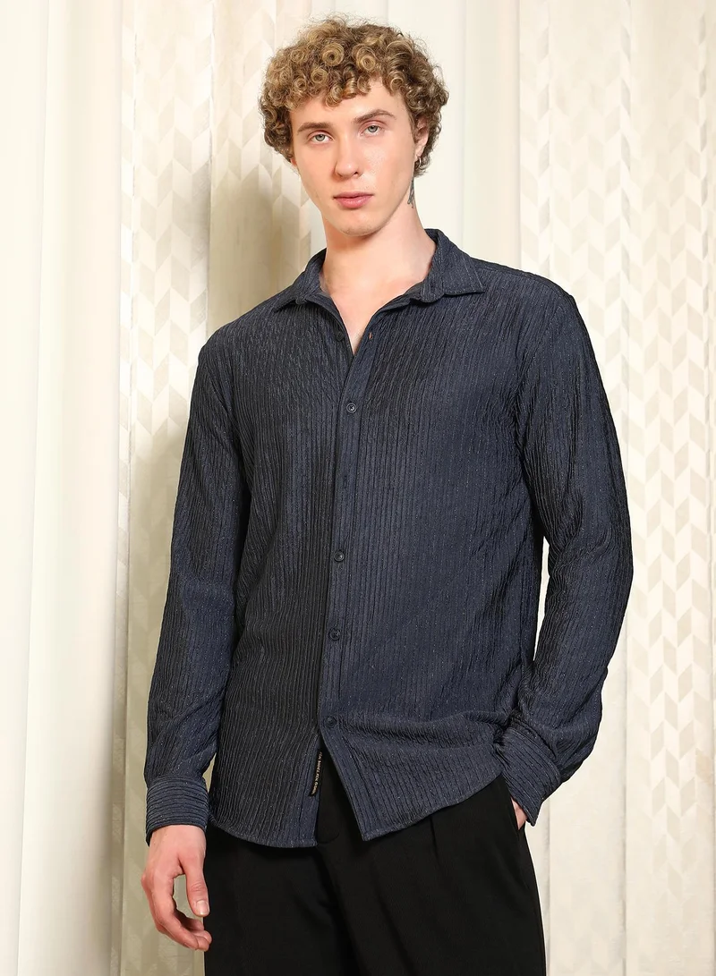 كامبوس سوترا Men's Navy Textured Cotton Blend Full Sleeve Shirt