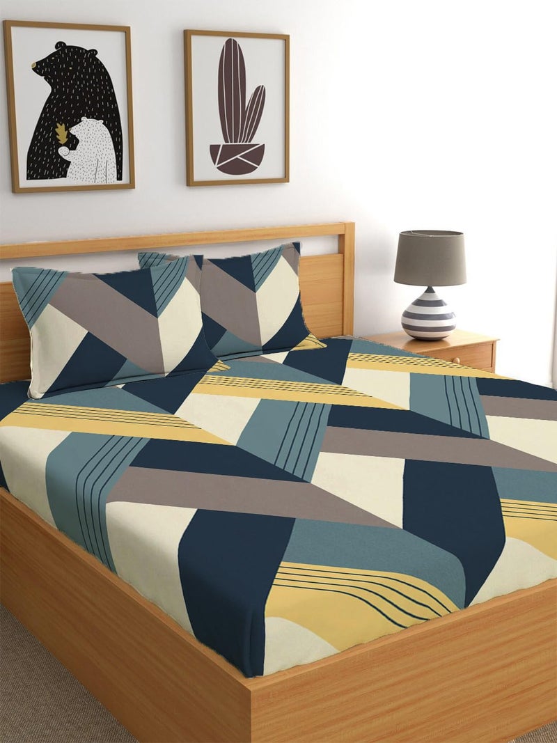 LOOMLYFE 300 TC Cotton Feel Glace Cotton Elastic Fitted Printed Queen Size Double Bed Bedsheet with 2 Pillow Covers Fits Upto 8 inches,Size- 60x78x10 Inches, BlueArrow - Image 1