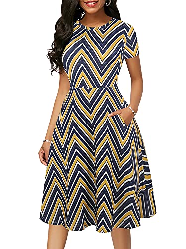 oxiuly Women's Classic Stripe Short Sleeve Casual Pockets Dress Tunic Party Cocktail Work Tea A-Line Dress OX262 (S, Blue Stripe) - Image 5