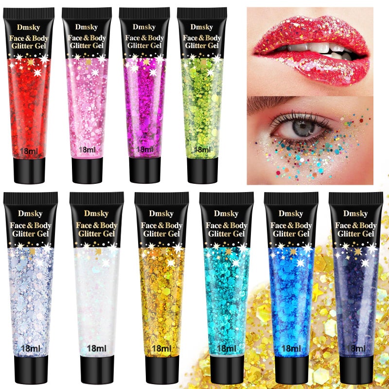 Dmsky 10 Colors Body Glitter,Face Glitter Makeup for Kids Women,Sparkly Chunky Hair Glitter for Eye Lip Hair Nails,Mardi Gras Glitter Makeup Face Paint,Singer Concerts Disco Rave Festival Accessories - Image 1