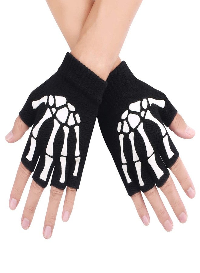 10AGIRL Winter Skeleton Gloves Warm Fingerless Christmas Costume Cosplay Accessories Glow in the Dark Knit Gloves Unisex - Image 1