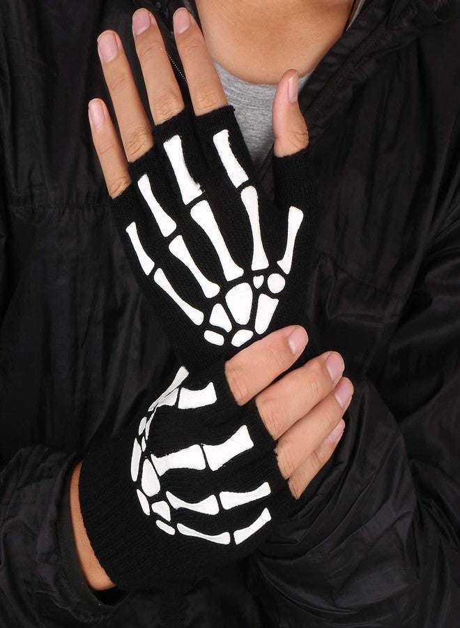 10AGIRL Winter Skeleton Gloves Warm Fingerless Christmas Costume Cosplay Accessories Glow in the Dark Knit Gloves Unisex - Image 2