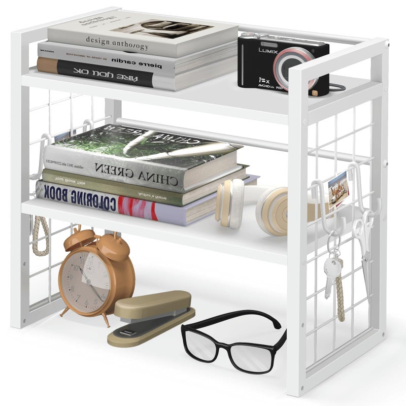 ELITEROO Desk Shelf Organizer, 2 Tier Wood Desktop Bookshelf Storage Rack, Freestanding Tabletop Organizer for Top of Desk, Office Supplies, Books & Decorations, White - Image 1