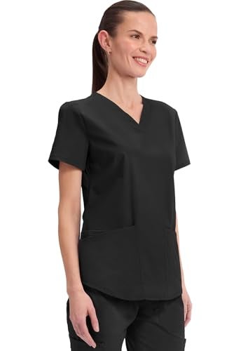 Cherokee Scrubs for Women V-Neck Top, 3 Pockets, Fade Resistant, Soft Stretch Fabric with Shirttail Hem & Side Vents Plus Size - WW665, 3XL, Black - Image 5