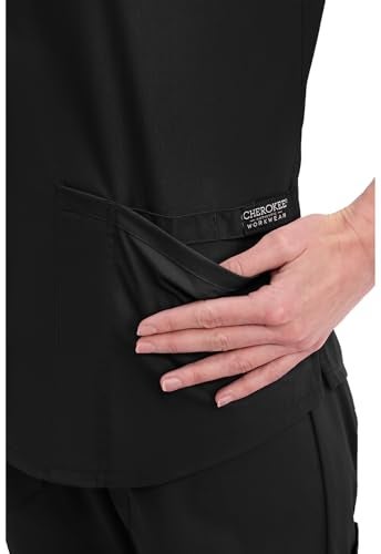 Cherokee Scrubs for Women V-Neck Top, 3 Pockets, Fade Resistant, Soft Stretch Fabric with Shirttail Hem & Side Vents Plus Size - WW665, 3XL, Black - Image 2
