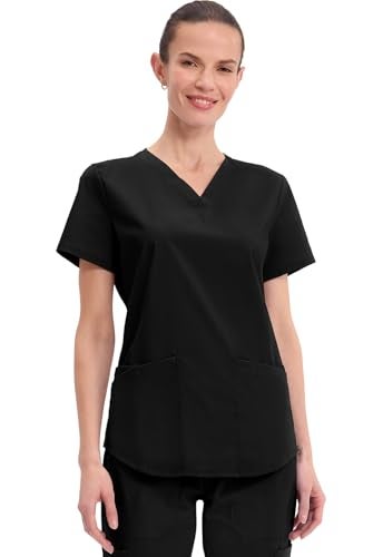 Cherokee Scrubs for Women V-Neck Top, 3 Pockets, Fade Resistant, Soft Stretch Fabric with Shirttail Hem & Side Vents Plus Size - WW665, 3XL, Black - Image 1