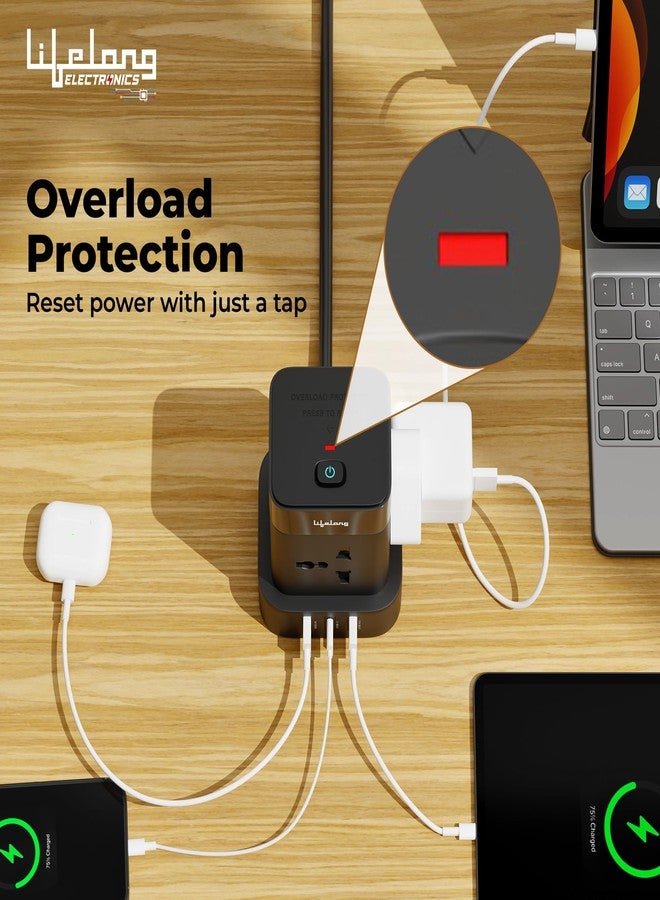 Lifelong Electronics Extension Board 7-in-1 with Switch | 4 AC Sockets + 3 USB Ports (2 Type A + 1 Type C) | Overload Protection | Desk Accessories & Multiplug Gadget | 2M Cord (Model: Cube) - Image 3